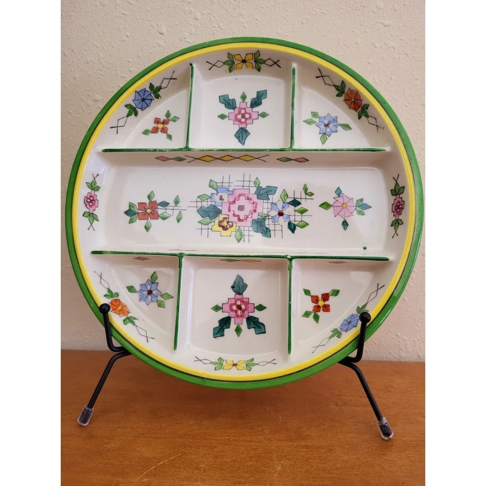 Vintage Divided Ceramic Candy Dish Plate Handpainted Japan RARE Floral Design‎